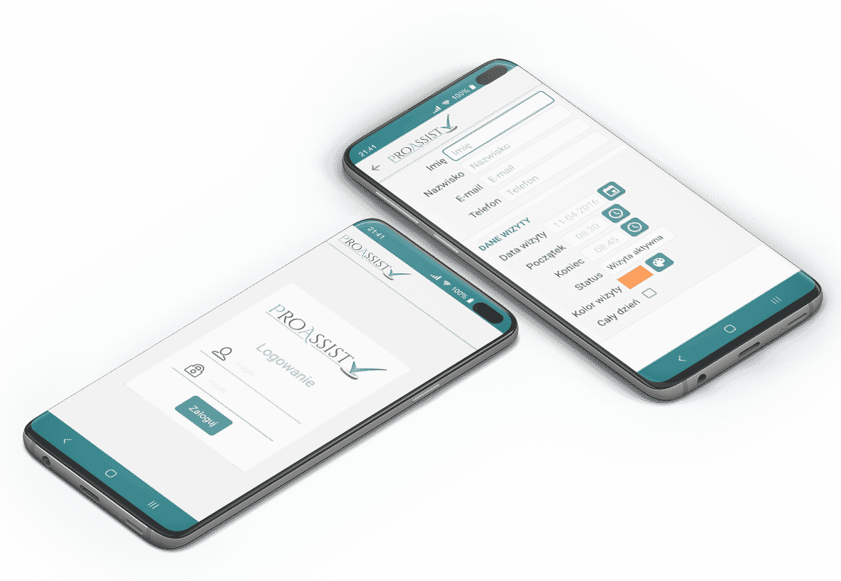 Dwa smartfony z aplikacją Proassist, ekrany z formularzem logowania i danymi wizyty.