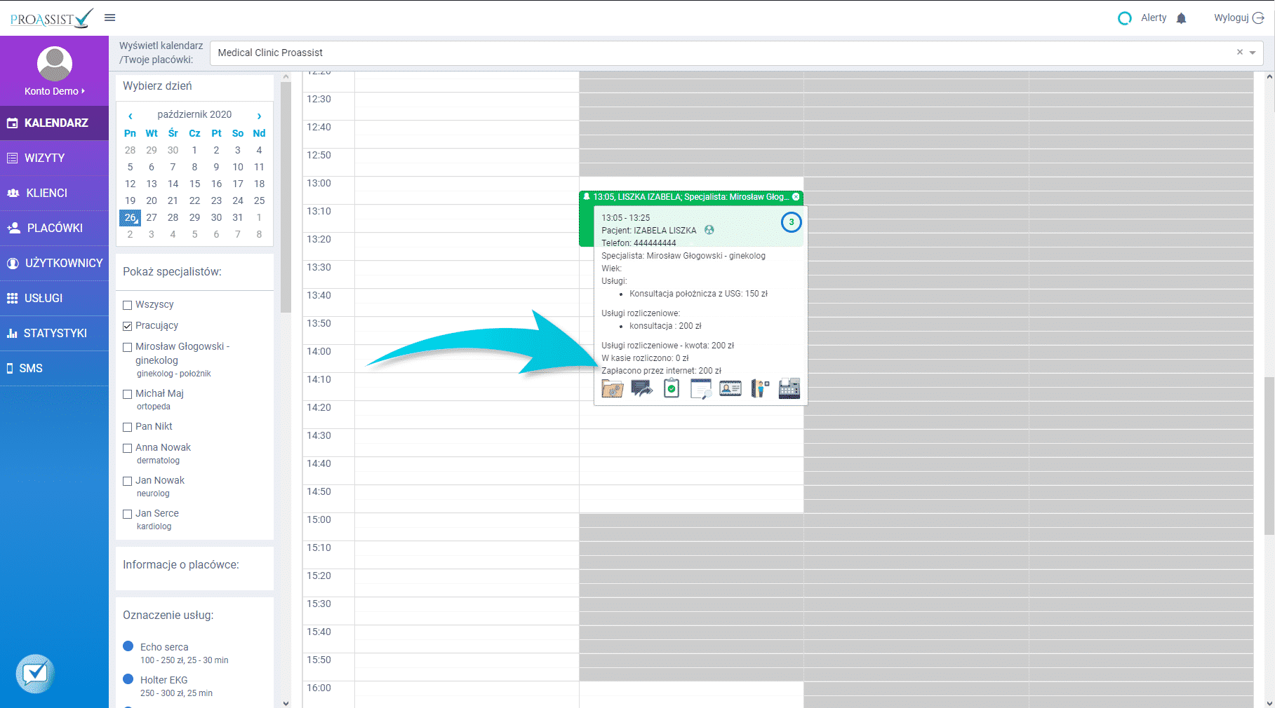 Proassist system interface showing clinic schedule with specialist appointments and patient details.