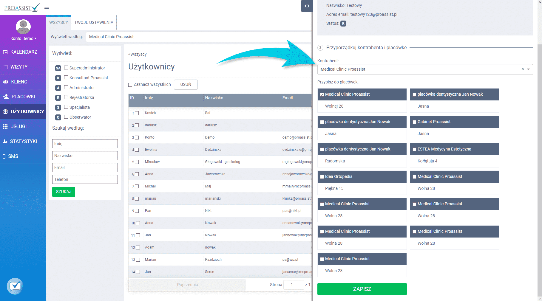 przypisywanie placówki do specjalisty