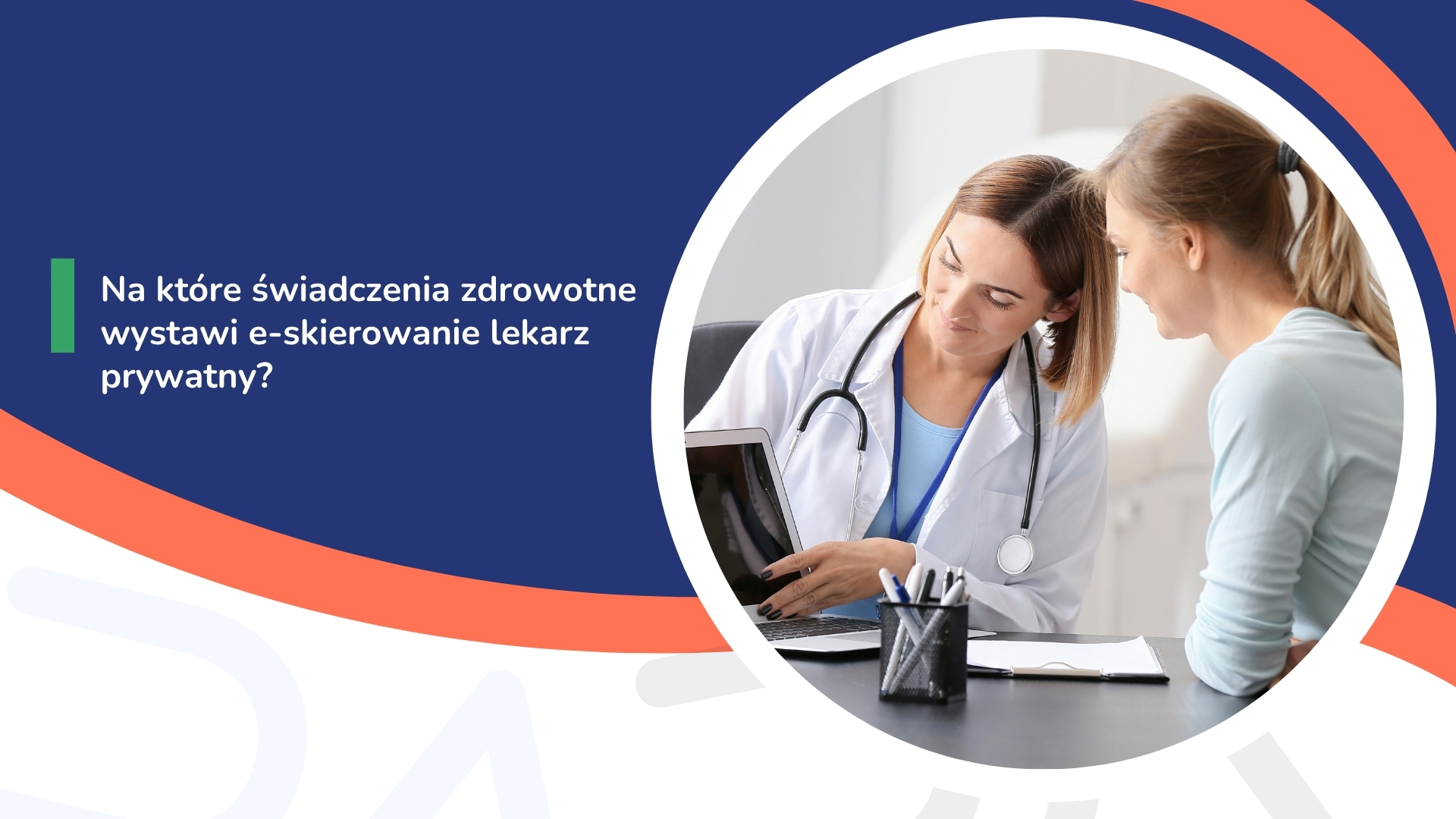 Lekarz w białym fartuchu rozmawia z pacjentką przy laptopie w gabinecie otoczony kolorowym projektem.