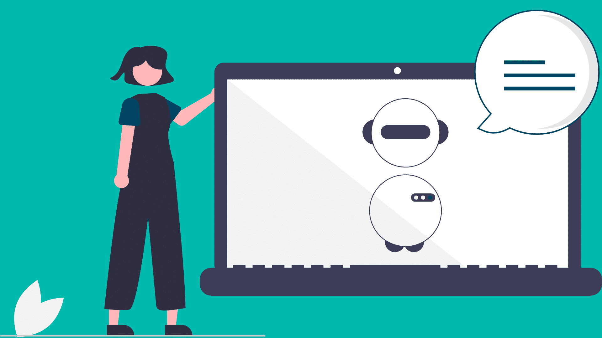 Osoba przy laptopie, ekranu ikony robotów, obok dymek, tło turkusowe.