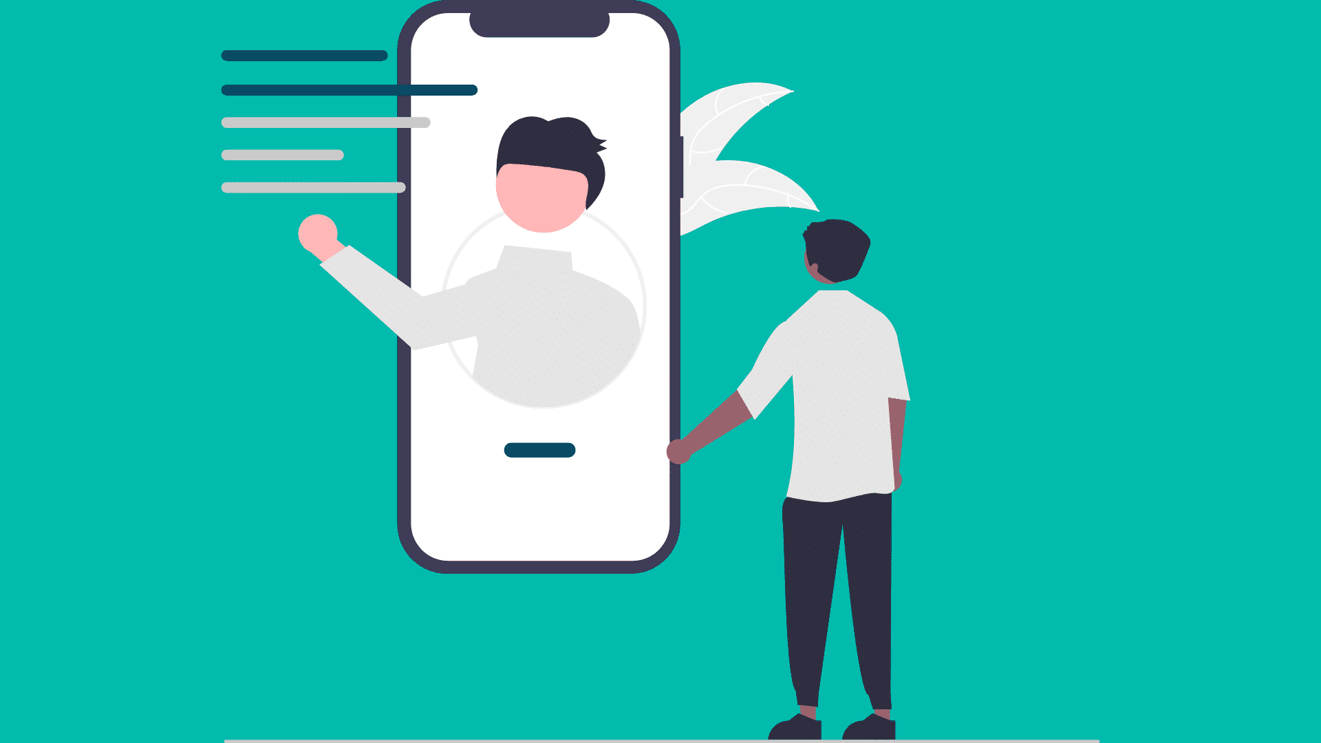 Osoba stoi przed ekranem telefonu z postacią wyciągającą rękę, tło turkusowe.