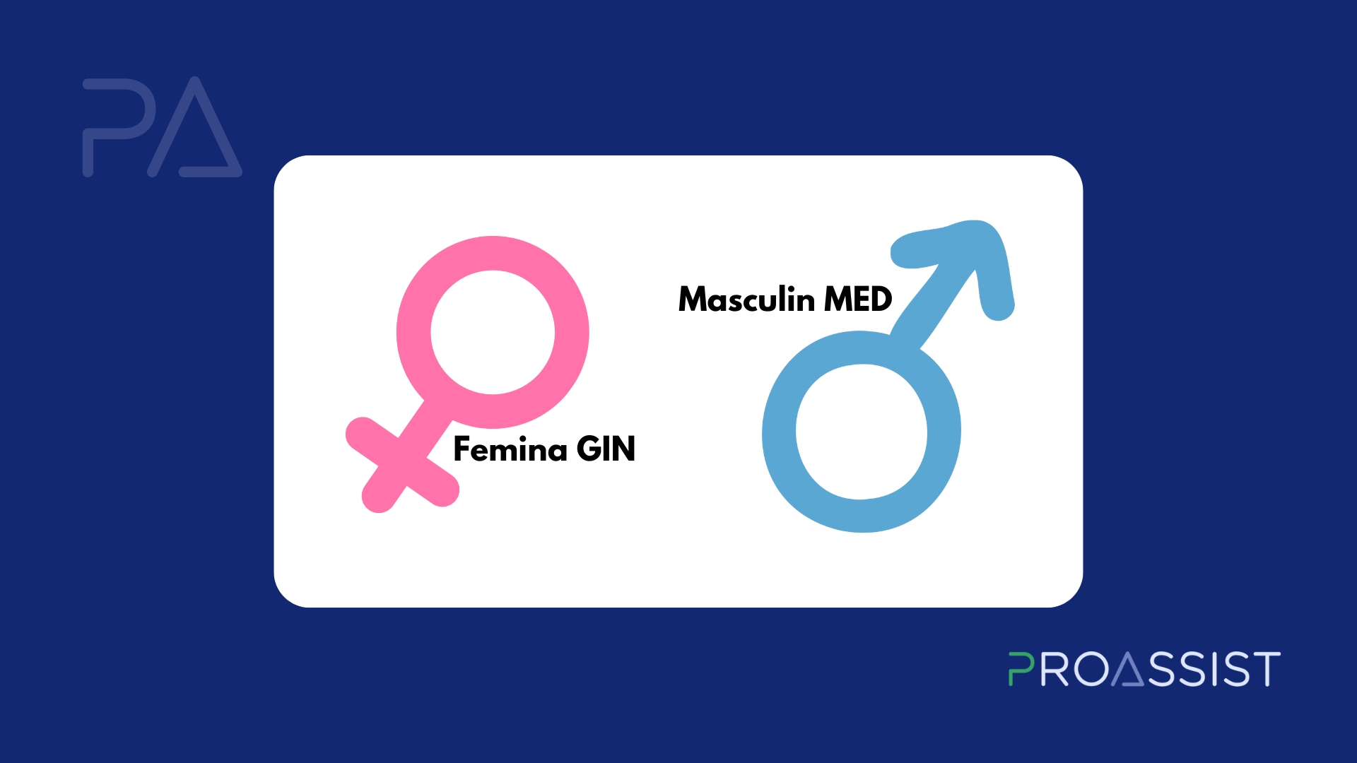 różowy symbol żeński Femina GIN i niebieski symbol męski Masculin MED na białym tle z napisem PROASSIST