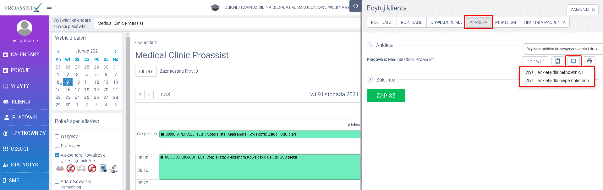 Ekran Proassist z kalendarzem, edycją klienta i opcjami ankiety dla dorosłych lub dzieci.