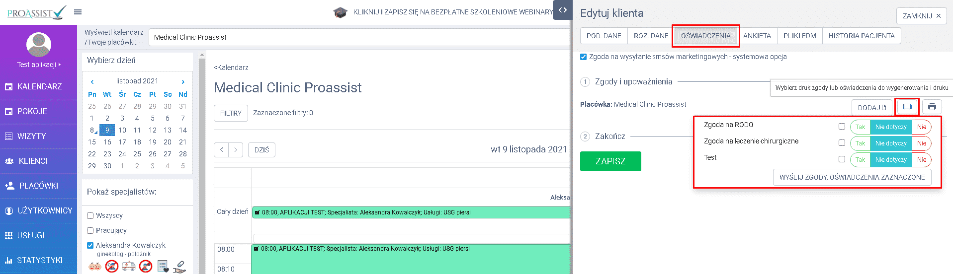 Harmonogram kliniki z opcjami zgód RODO i leczenia, panel edycji klienta.