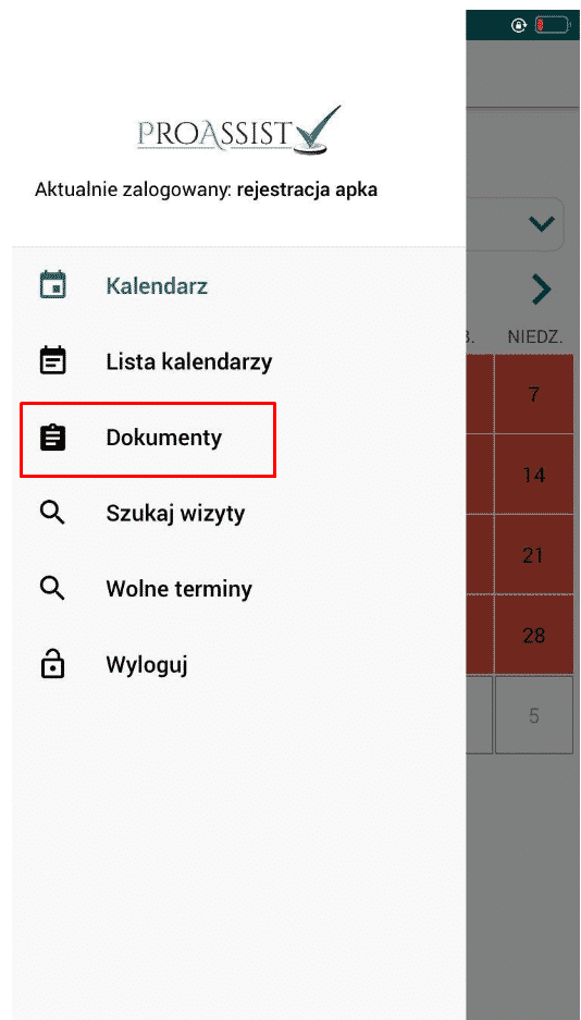 Kalendarz, Lista kalendarzy, Dokumenty (zaznaczone), Szukaj wizyty.