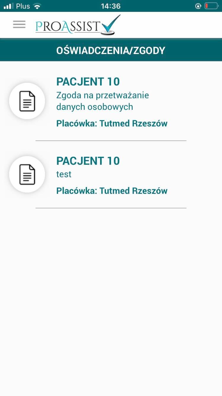 Pakiet dokumentów Pacjent 10, zgoda i test, placówka Tutmed Rzeszów.