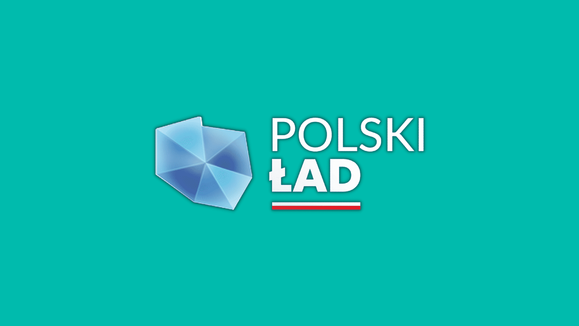 Logo "Polski Ład" z niebieskim kształtem i czerwoną linią na turkusowym tle.