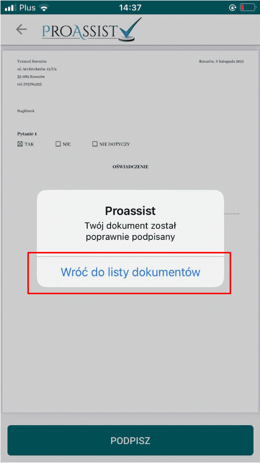 Aplikacja Proassist potwierdza podpisanie dokumentu z opcją powrotu do listy dokumentów.