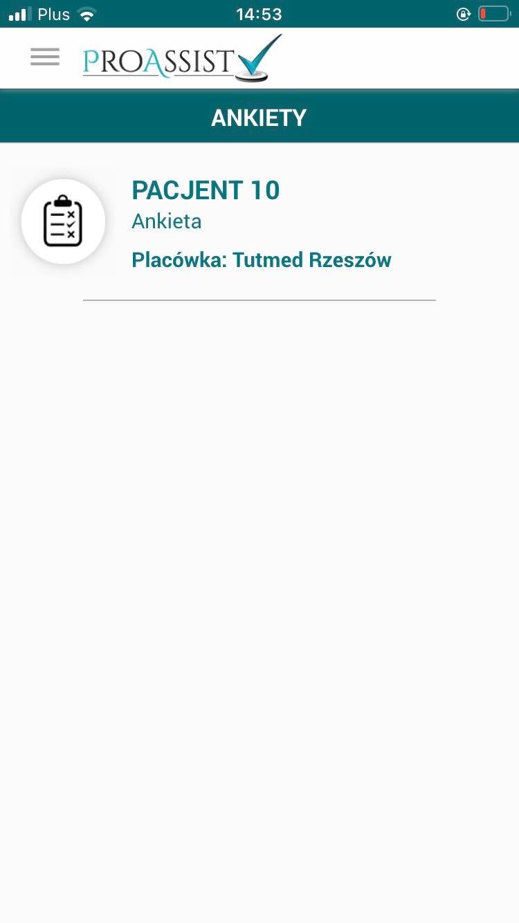 Proassist app screen showing patient 10 survey at Tutmed Rzeszów facility.