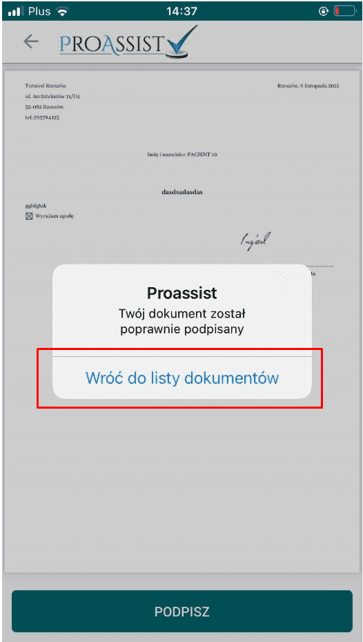 Zrzut ekranu aplikacji pokazuje potwierdzenie podpisania dokumentu w Proassist.