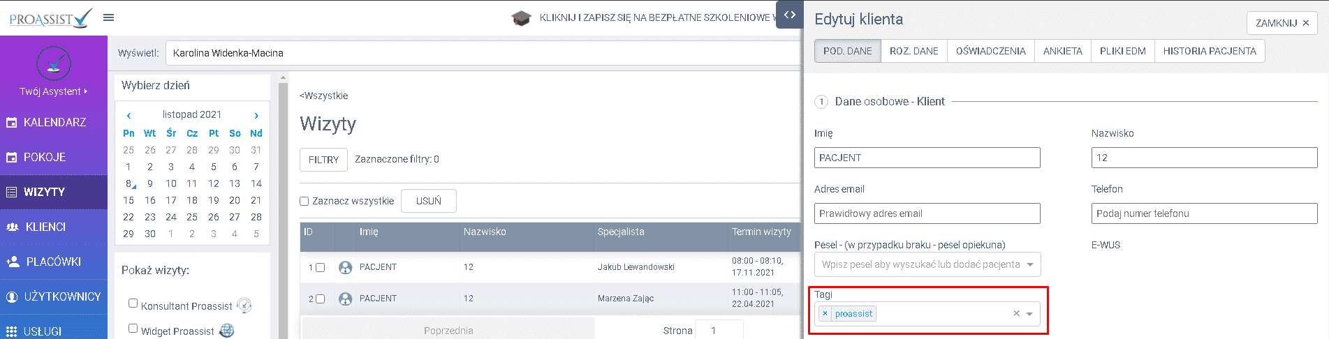 Interfejs programu do zarządzania wizytami medycznymi z menu, kalendarzem i formularzem edycji.