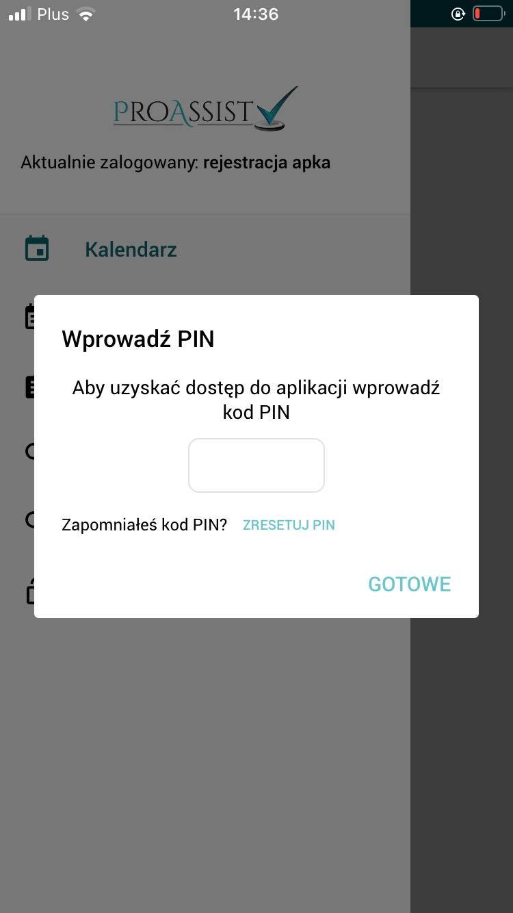 Ekran aplikacji z monitorem o wprowadzenie PIN-u i opcją jego resetowania.