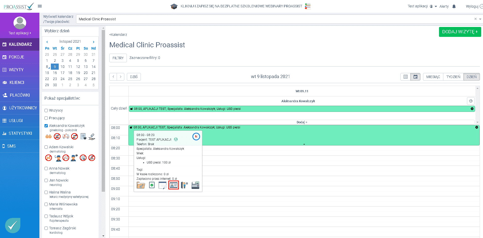 Medical clinic schedule for ultrasound appointment with specialist panel on left side.