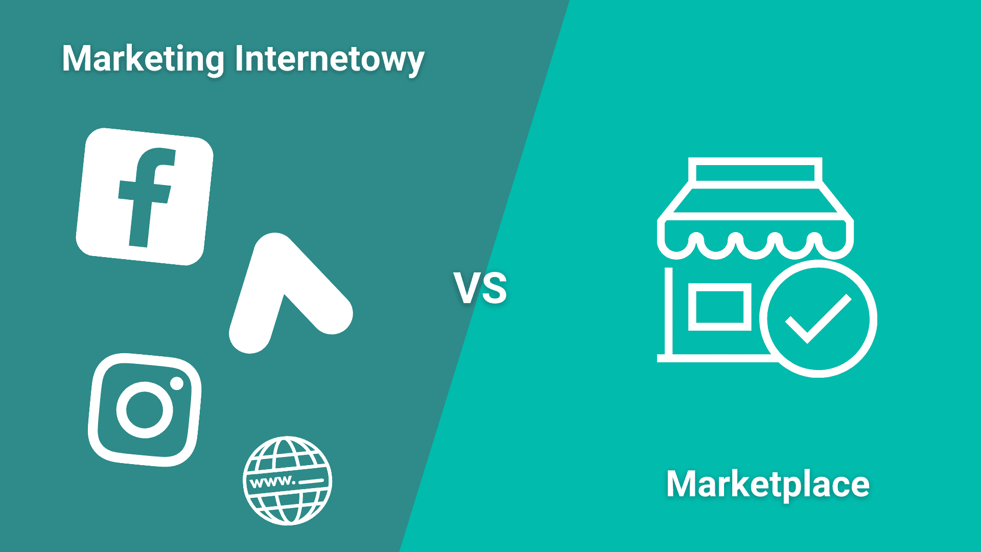 Porównanie marketingu internetowego z platformą Marketplace, ikony mediów i sklepu.