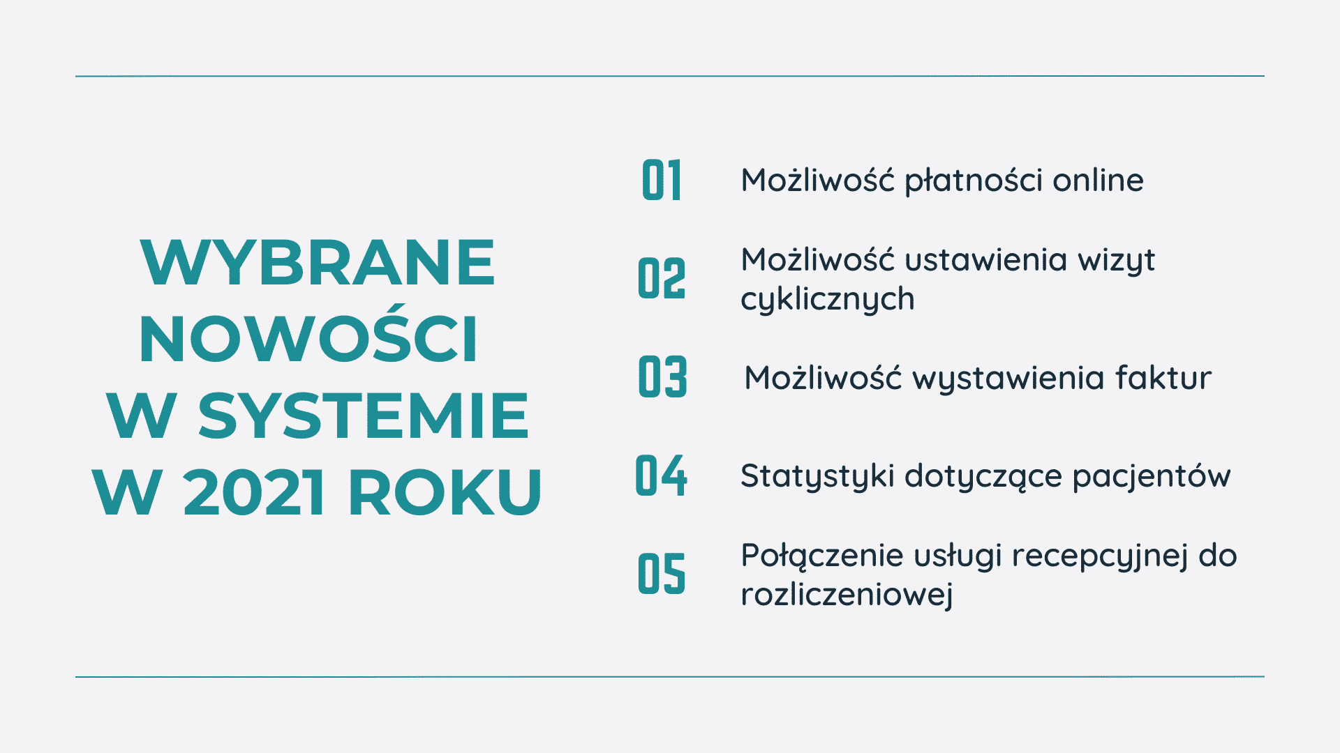 płatności online, wizyty cykliczne, faktury, statystyki.