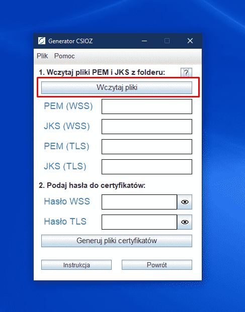 Program do generowania plików certyfikatów, obsługujący PEM i JKS oraz hasła WSS i TLS.