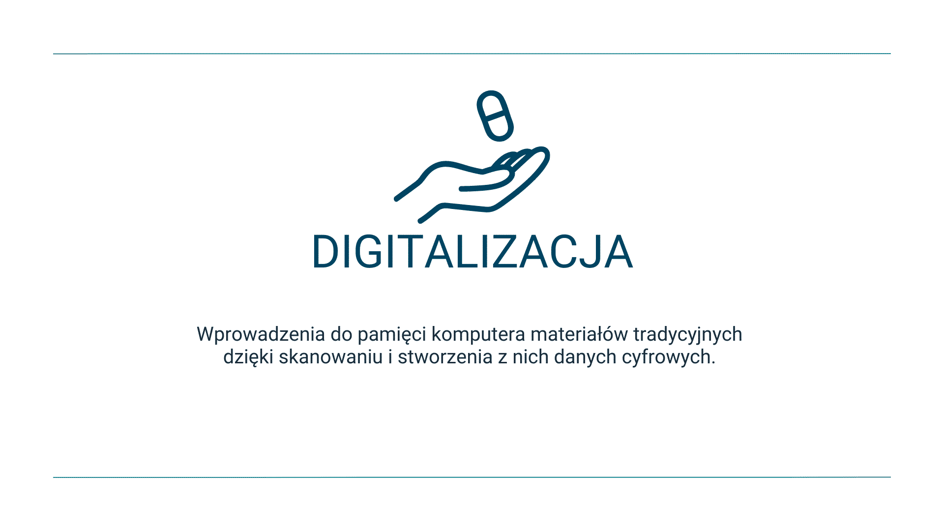 Ikona ręki i myszy z tekstem "DIGITALIZACJA", opis skanowania do danych cyfrowych.