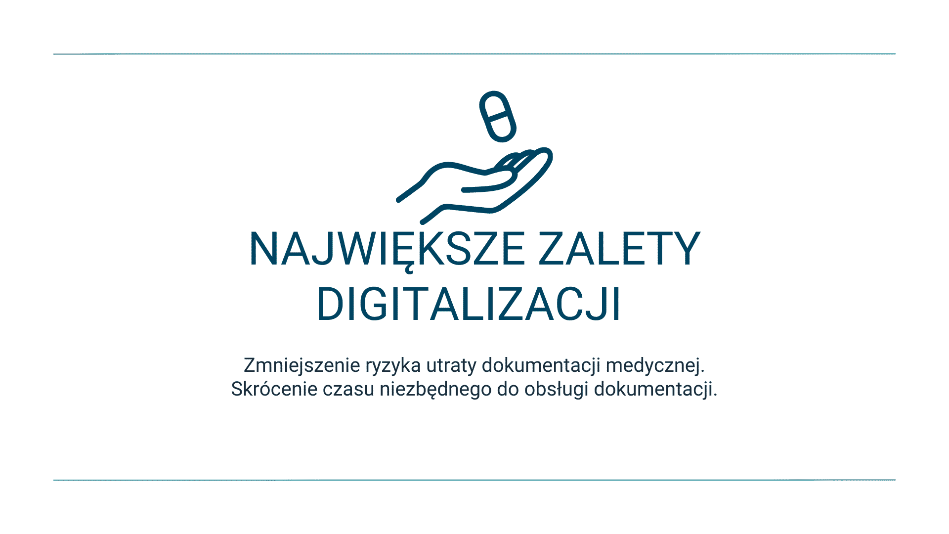 Grafika dłoni z symbolem cyfrowym i tekstem o zaletach digitalizacji dokumentów medycznych.