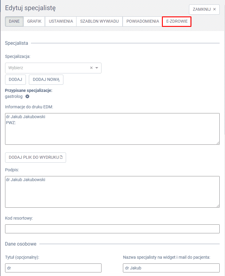 dane, specjalizacja, ustawienia, e-zdrowie, powiadomienia.