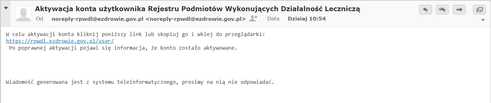 E-mail z linkiem do aktywacji konta w Rejestrze Podmiotów Wykonujących Działalność Leczniczą.