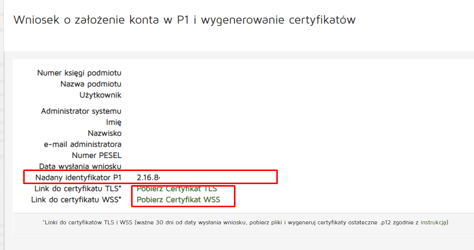 Formularz konta P1 z polami danych użytkownika, identyfikatorem oraz linkami do certyfikatów.