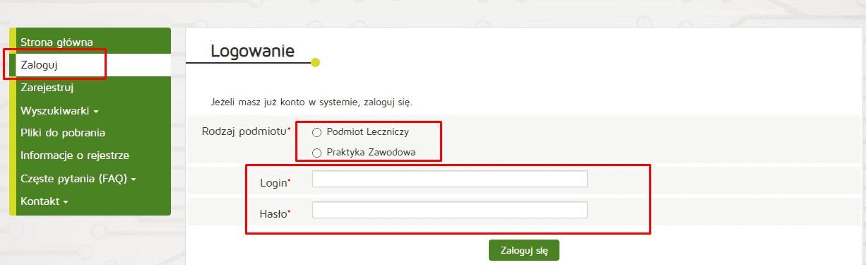 Formularz logowania dla podmiotów medycznych z menu bocznym do różnych sekcji strony.