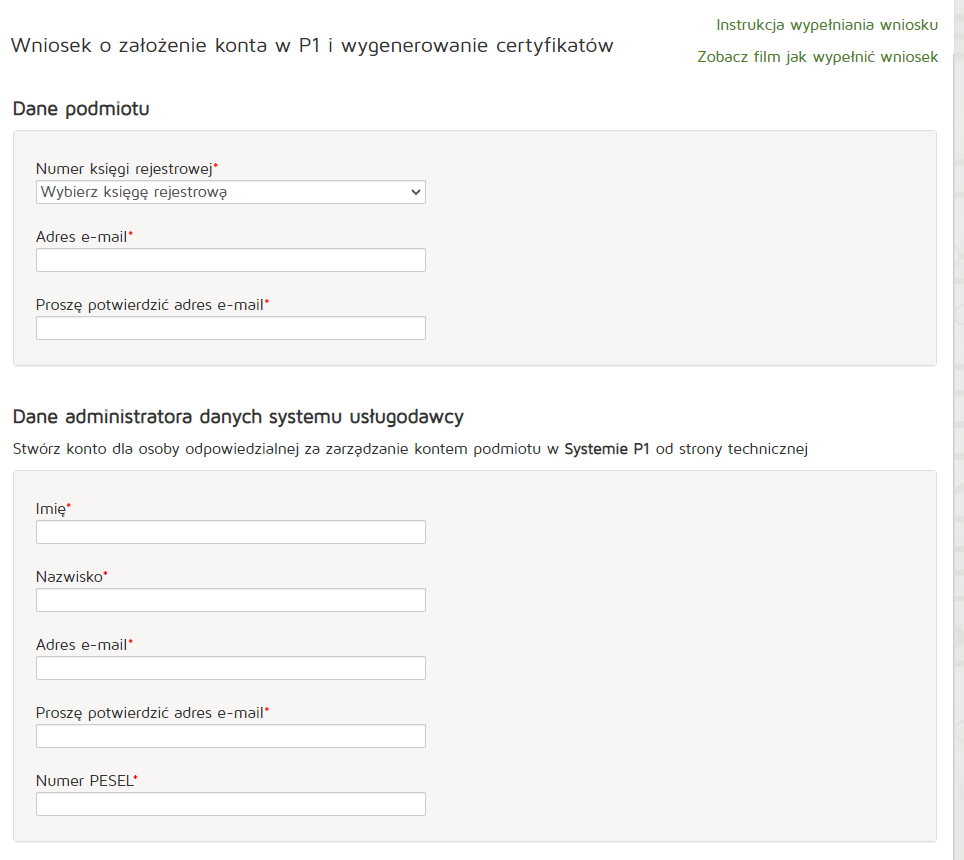 Formularz rejestracji konta w Systemie P1 z polami danych podmiotu i administratora.