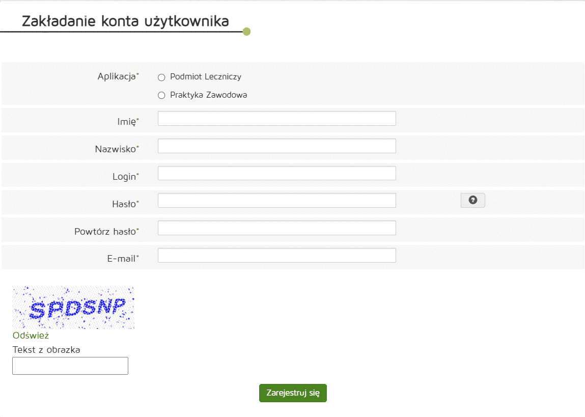 Formularz rejestracji z polami na dane osobowe, wybór aplikacji, CAPTCHA i przycisk rejestracji.