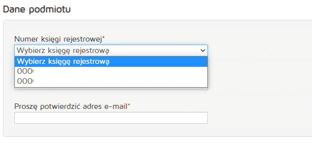 Formularz z wyborem numeru księgi rejestrowej i potwierdzeniem adresu e-mail.