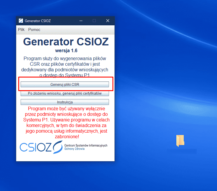 Okno programu Generator CSIOZ 1.6 do generowania plików CSR i certyfikatów dla Systemu P1.