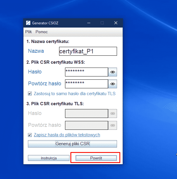 Okno programu Generator CSIOZ do tworzenia i zarządzania plikami CSR i certyfikatami.