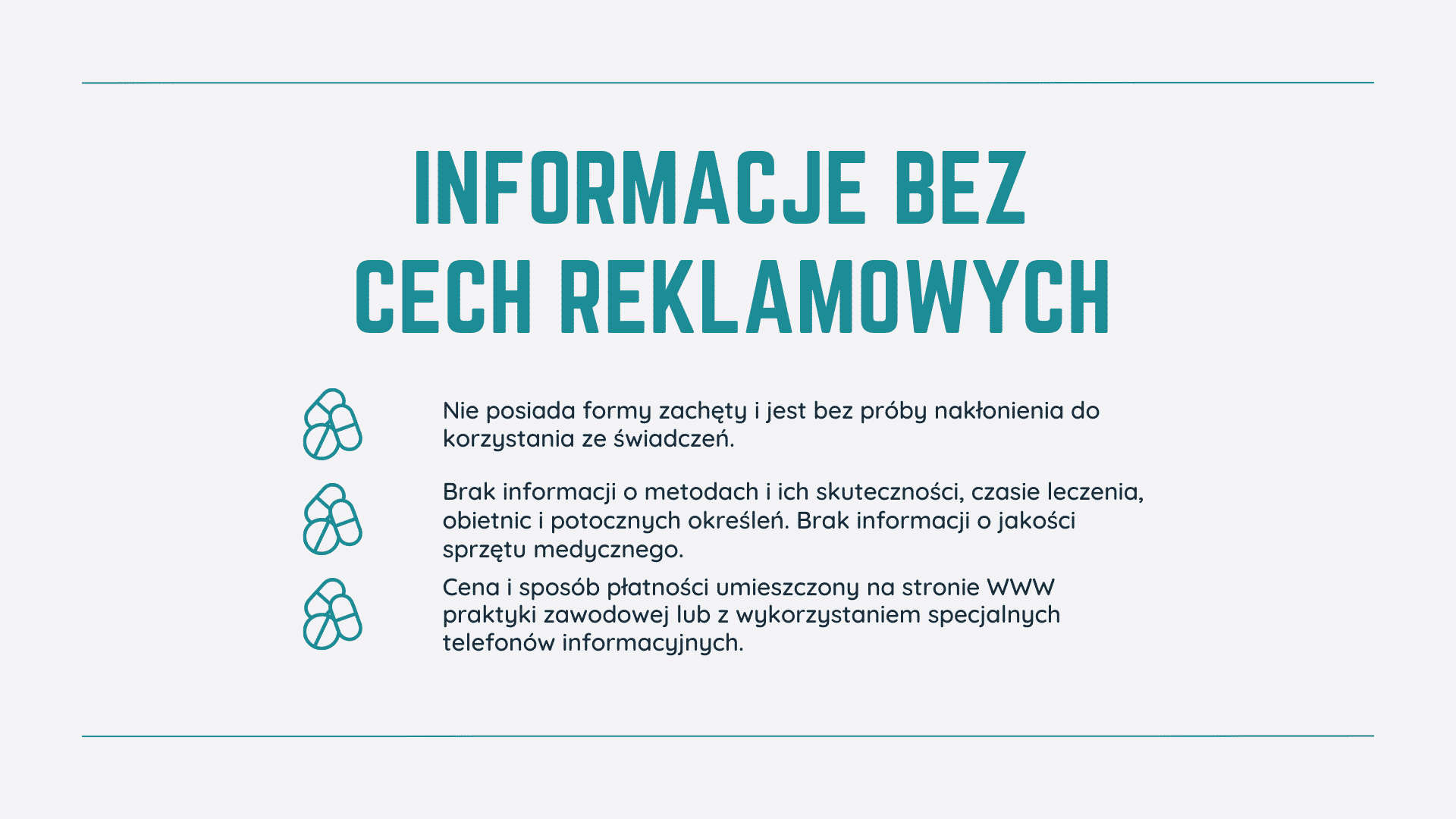 Informacje bez cech reklamowych, brak zachęt, szczegółów metod i jakości sprzętu.