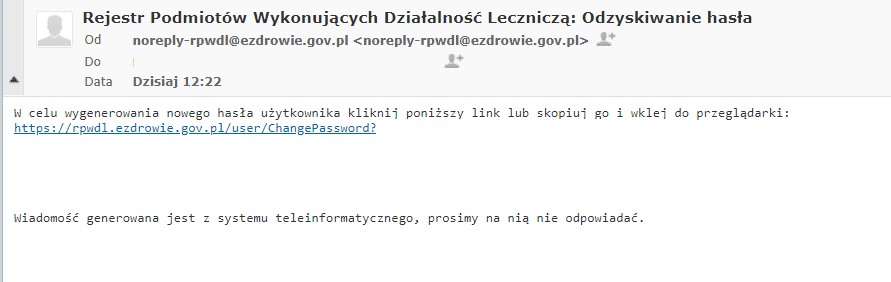 E-mail dotyczący odzyskiwania hasła z instrukcją generowania nowego hasła przez podany link.