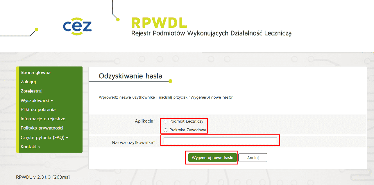 Strona RPWDL do odzysku hasła z opcjami dla podmiotu leczniczego i praktyki zawodowej.