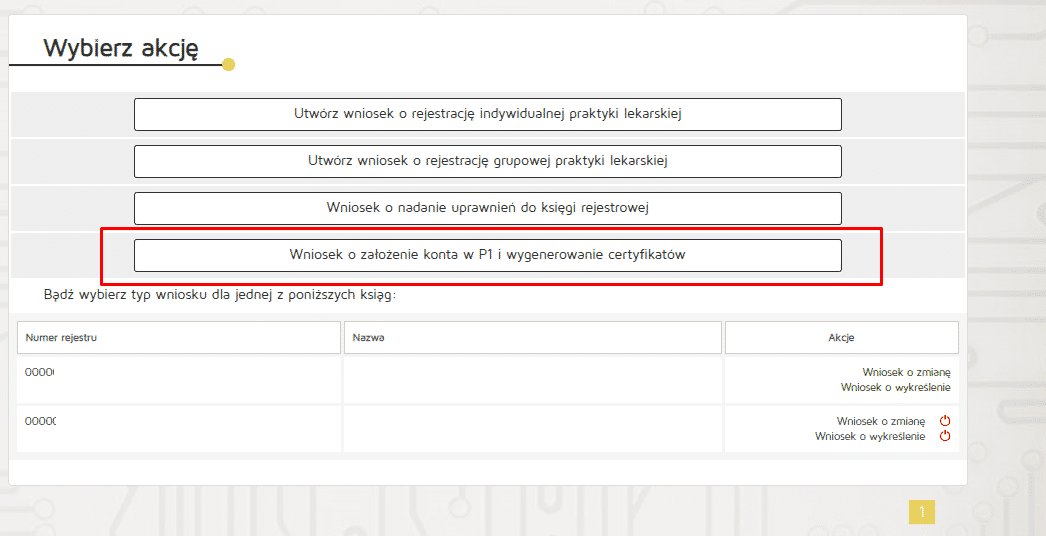 Panel wyboru akcji związanych z praktyką lekarską, założeniem konta i generowaniem certyfikatów.