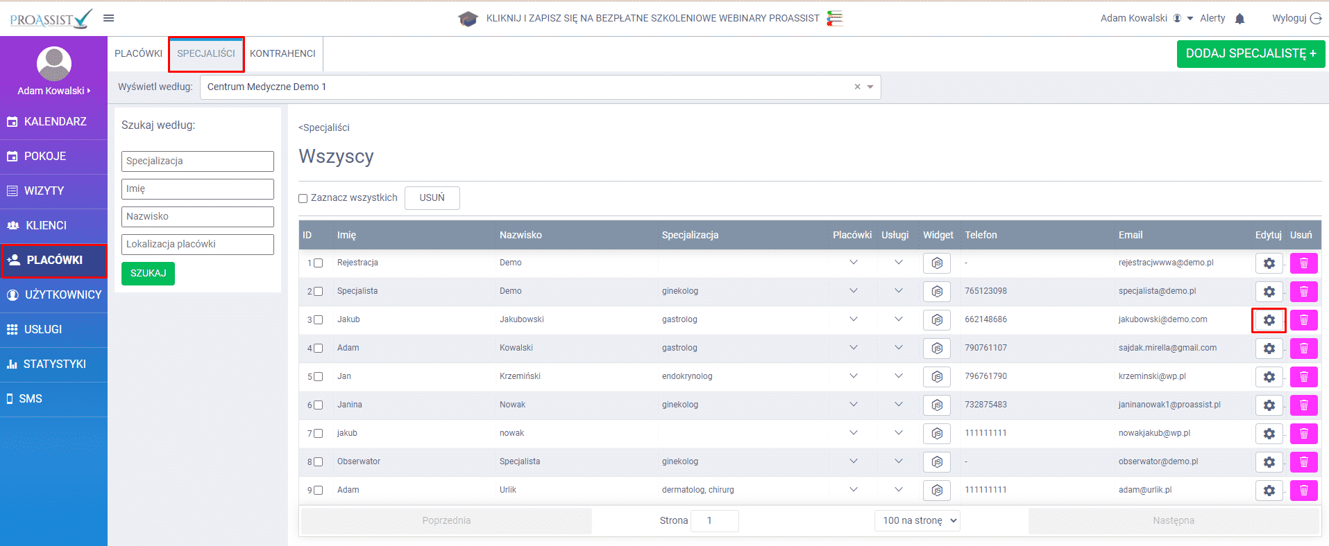 Lista specjalistów w aplikacji Proassist z opcjami edycji i usuwania oraz funkcją wyszukiwania.