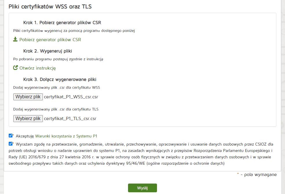 Proces generowania i dołączania plików CSR z akceptacją warunków systemu.