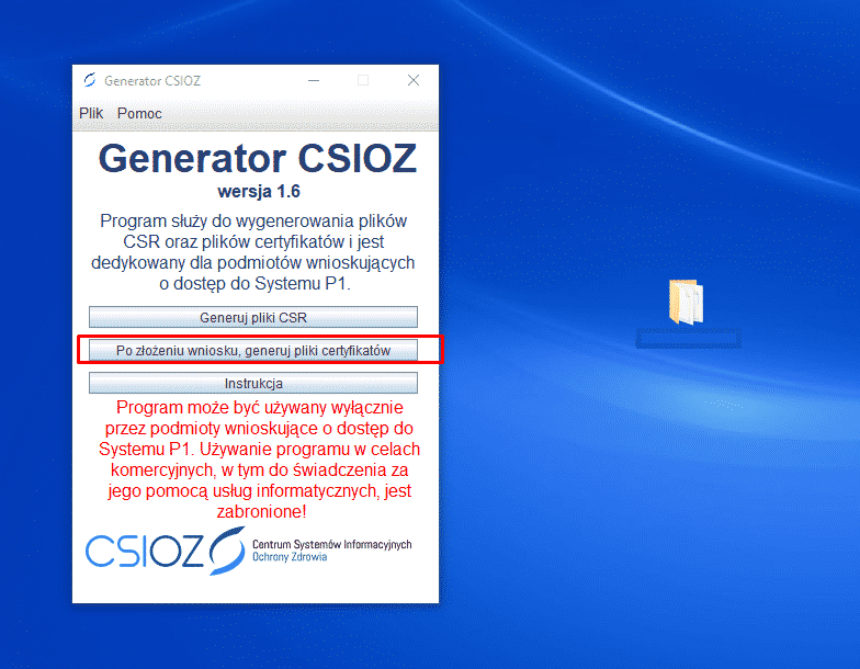 Program Generator CSIOZ 1.6 do tworzenia plików CSR i certyfikatów dla Systemu P1.