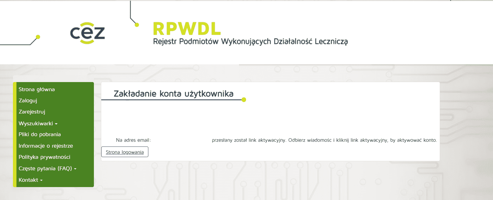 Strona rejestru z opcjami logowania i rejestracji oraz informacją o aktywacji konta.