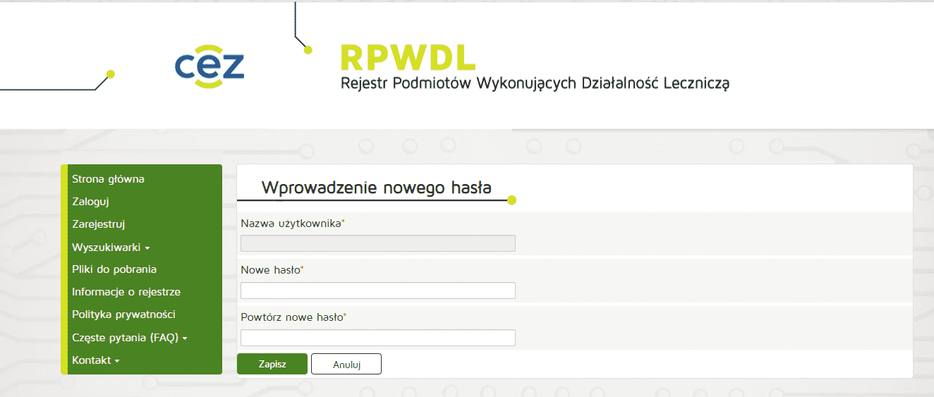 Strona RPWDL z formularzem zmiany hasła i menu nawigacyjnym po lewej stronie.