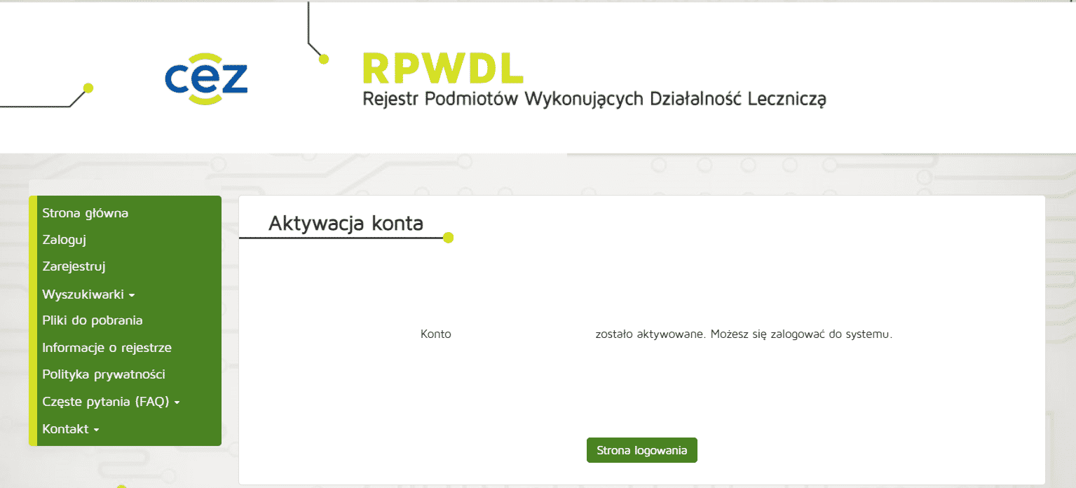 Strona RPWDL z menu nawigacji i komunikatem o aktywacji konta użytkownika.