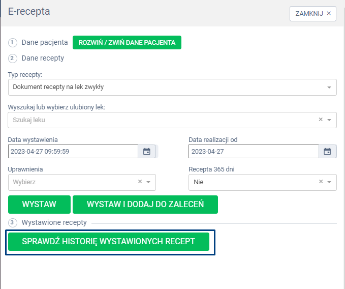 Widok systemu proassist wystawianie e-recepty