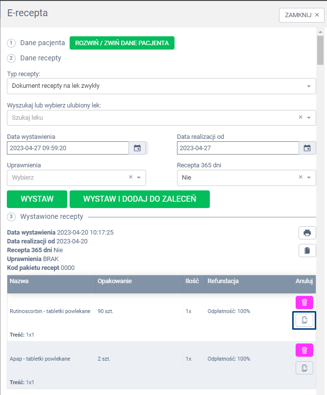 Widok systemu proassist wystawianie e-recepty