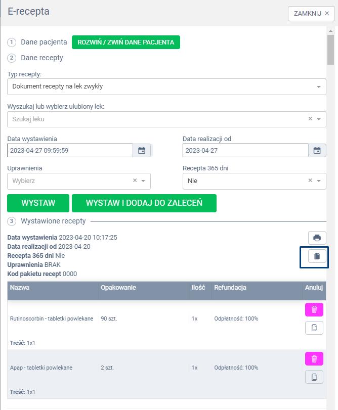 Widok systemu proassist wystawianie e-recepty