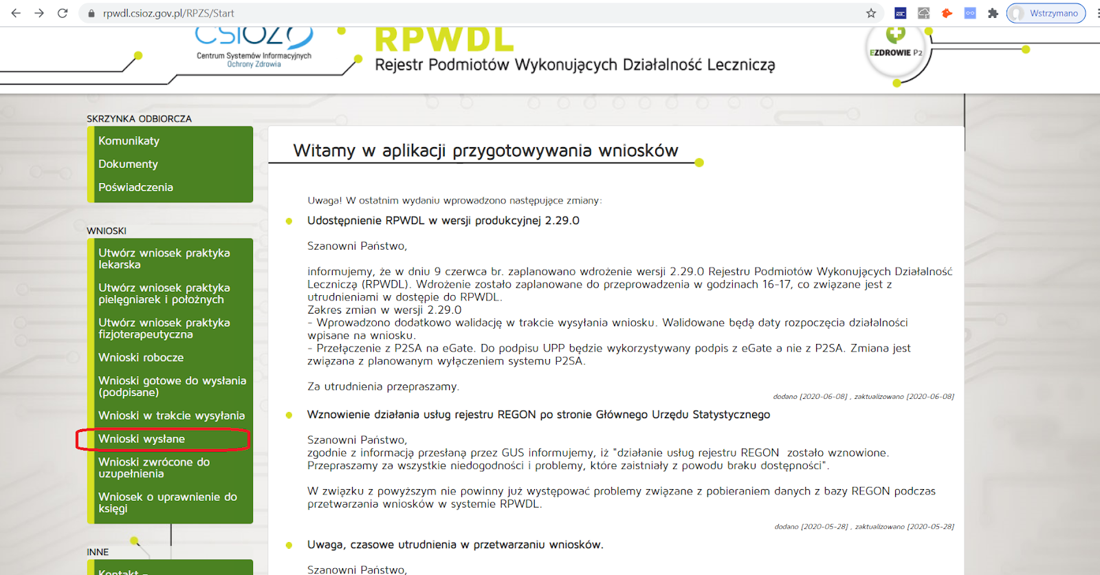 Instrukcja Proassist. e-dokumenty widok strony do przygotowywania wniosków podkreślona opcja-wnioski wysłane