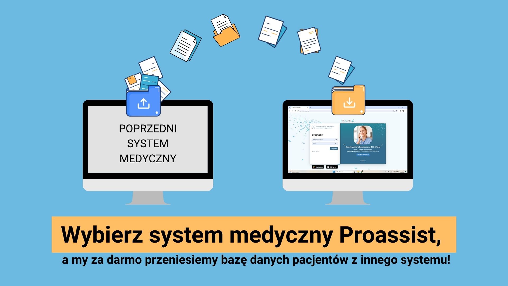 Two computer screens with data transfer documents between systems on a blue background.