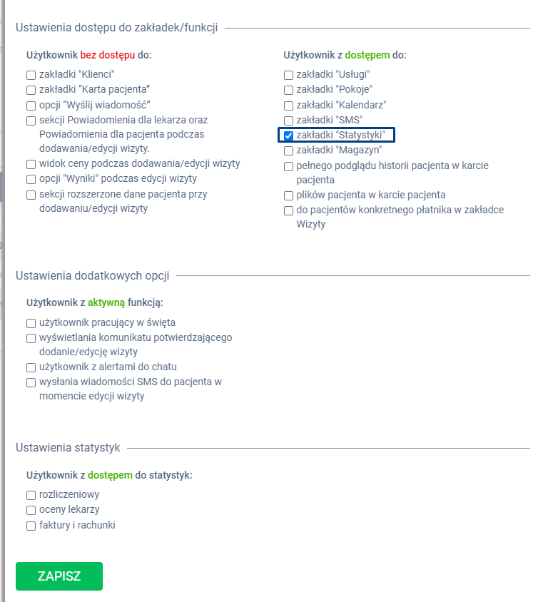 Instrukcja proassistwidok systemu-edycja użytkownika zaznaczona opcja zakładki "statystyki"