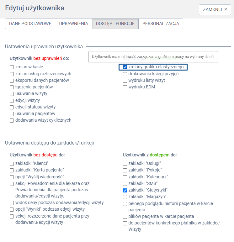 Instrukcja proassist widok systemu-edycja użytkownika zaznaczona opcja zmiany grafiku elastycznego