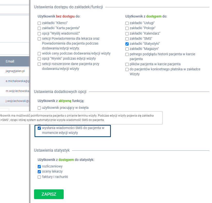 Instrukcja proassist-widok systemu-edycja użytkownika zaznaczona opcja wysyłania wiadomości SMS do pacjenta w momencie edycji wizyty